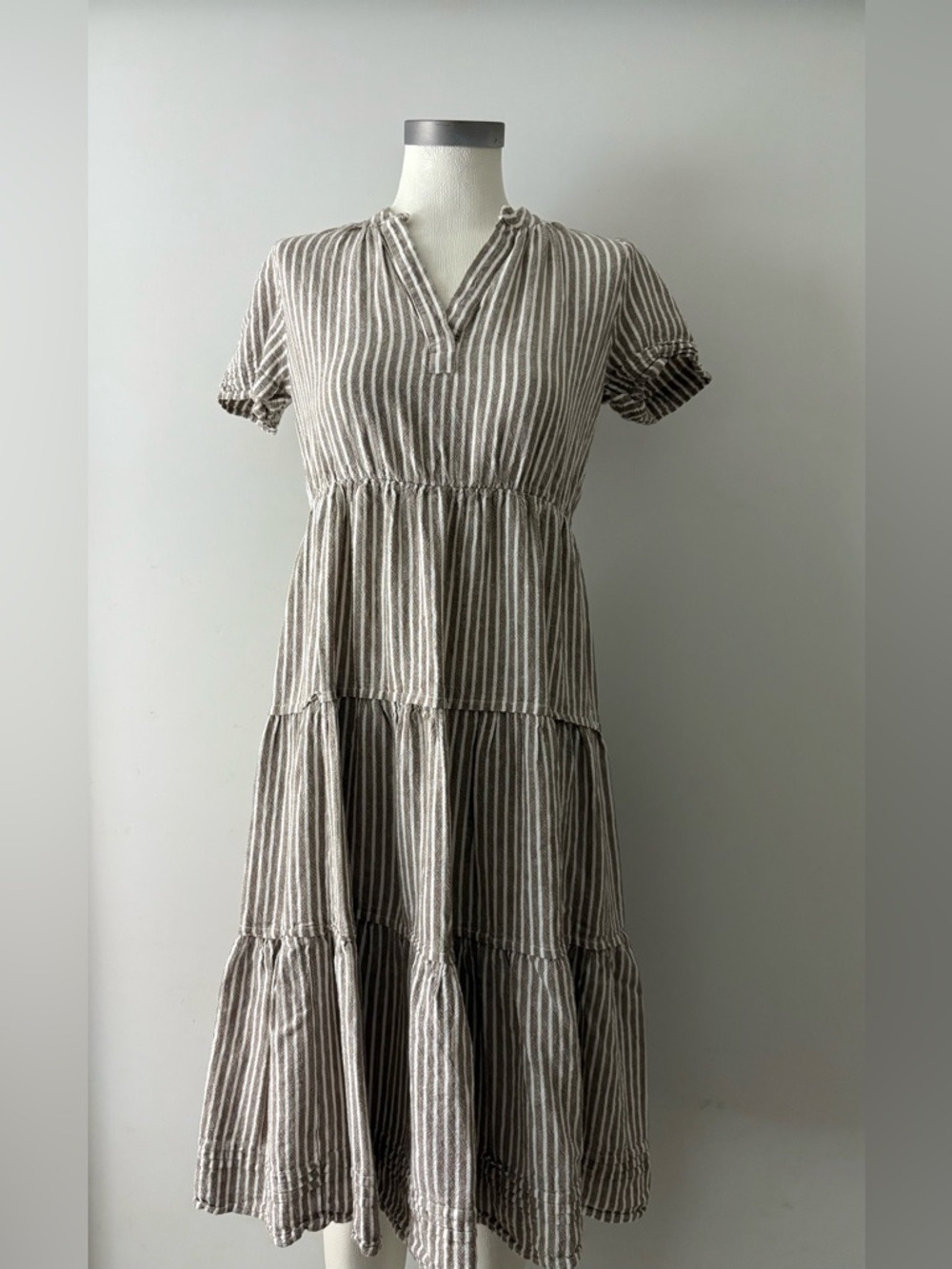 Cynthia Rowley Beige and White Striped Tiered Midi Dress